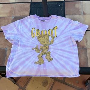 Purple white brown and yellow shirt with Groot